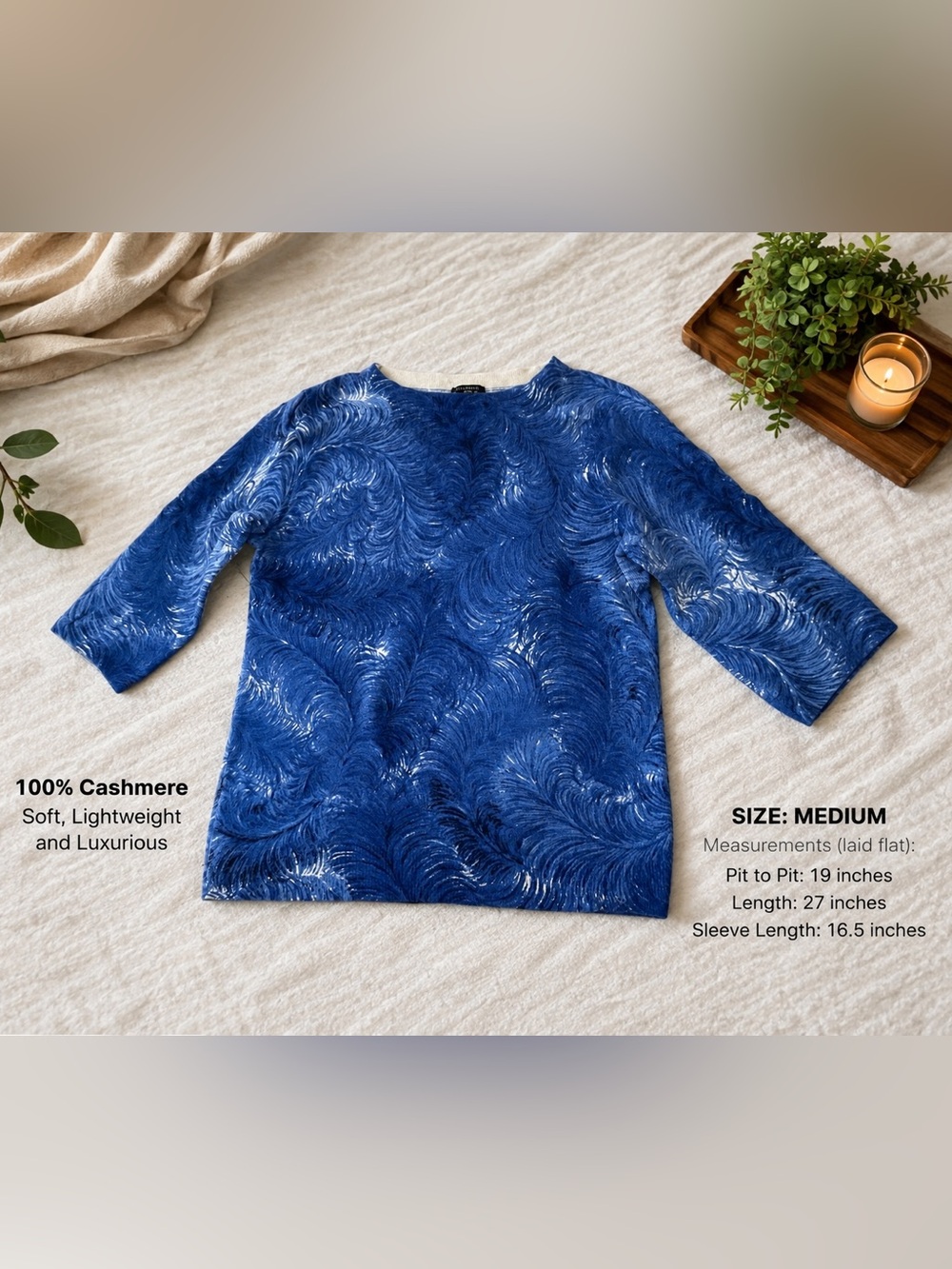 Talbots Blue Cashmere Long Sleeve Patterned Top size M
